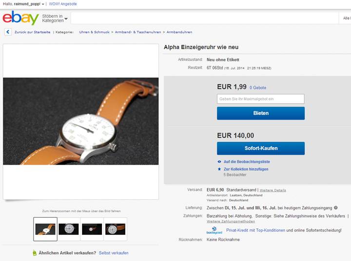 Alpha Einzeigeruhr bei ebay Automatik  - 74 Euro