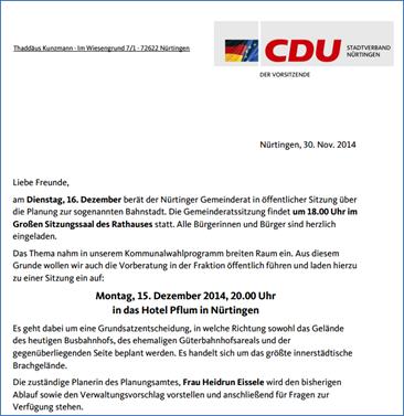 CDU lädt ein zur Vorberatung im Thema Bahnstadt Nürtingen