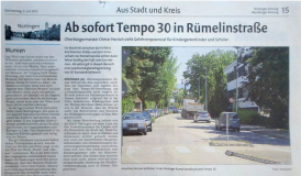 Tempo 30 ab HEUTE in der Rümelinstraße in Nürtingen